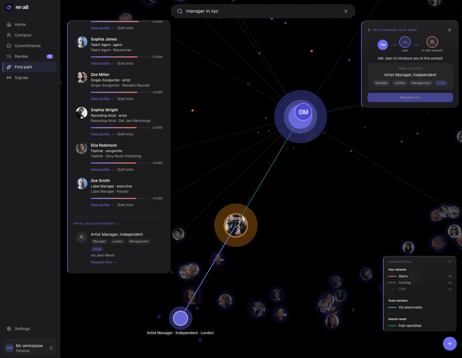 Find Path — network search results ranked by warmth, with a linked-workspace match